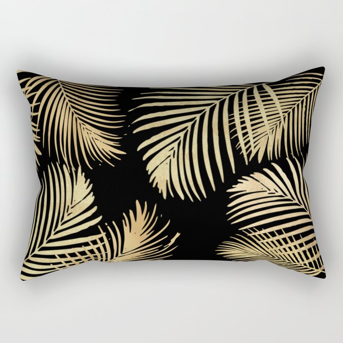 Gold Palm Leaves on Black Rectangular Pillow