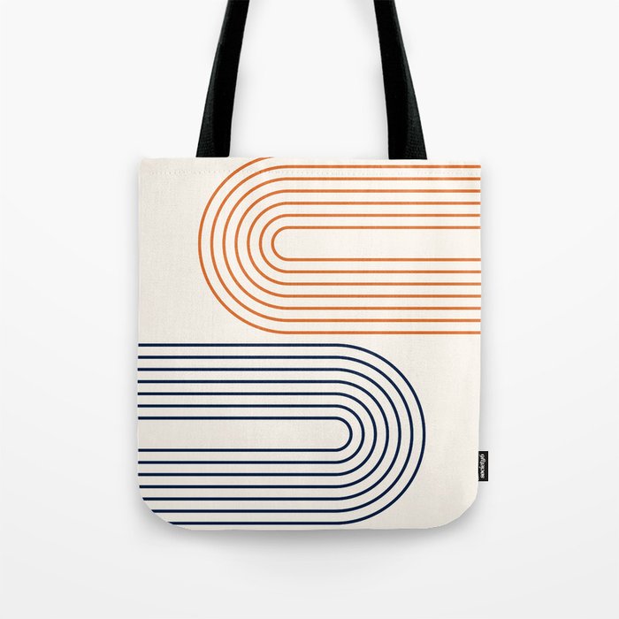 Geometric Lines Rainbow 10 in Navy Blue Orange Tote Bag