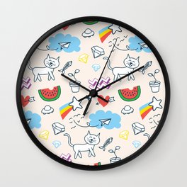 Abstract Doodle Pattern Cat Watermelon Clou Wall Clock