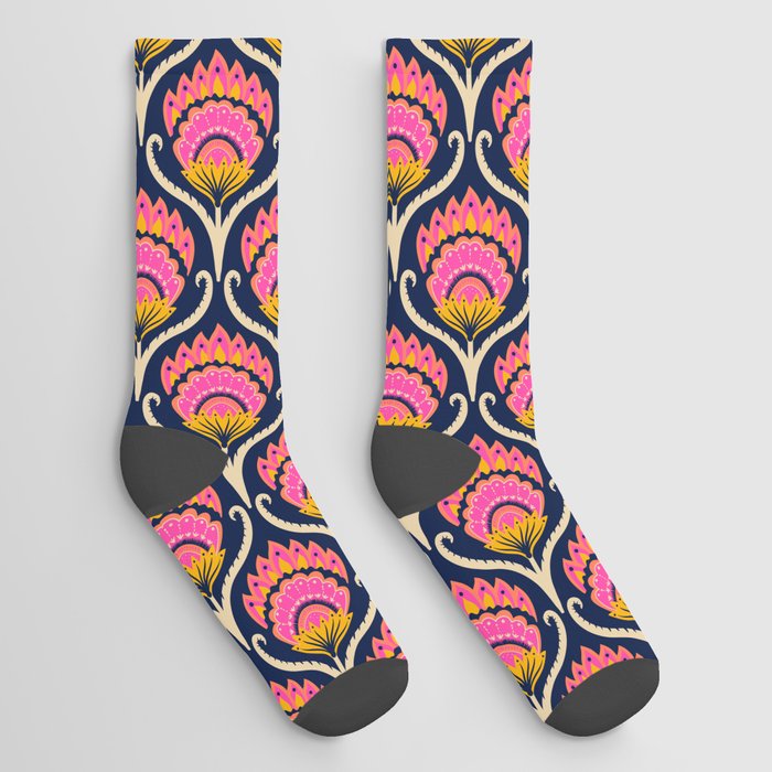 Bright ethnic ogee flame floral  - Hot pink, marigold and papaya orange on midnight blue Socks
