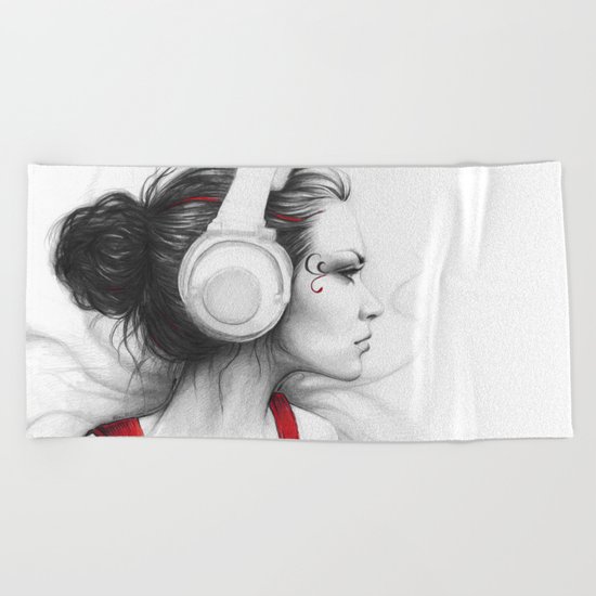 I Love Music | Girl in Headphones Beach Towel