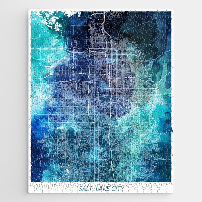 Salt Lake City Utah Map Navy Blue Turquoise Watercolor USA States Map Jigsaw Puzzle