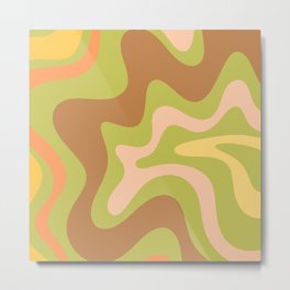 Retro Liquid Swirl Abstract Pattern Square 60s 70s Light Green Brown Yellow Orange Blush Metal Print