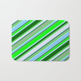 [ Thumbnail: Eye-catching Dark Sea Green, Lime, Lavender, Light Sky Blue, and Dark Green Colored Stripes Pattern Bath Mat ]