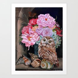Floral still life with Owl, Shells, and Butterfly Art Print