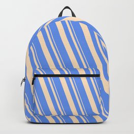 [ Thumbnail: Bisque and Cornflower Blue Colored Striped/Lined Pattern Backpack ]