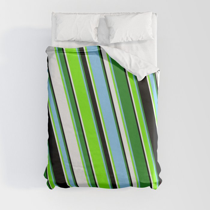Colorful Forest Green, Light Sky Blue, Green, White, and Black Colored Pattern of Stripes Duvet Cover