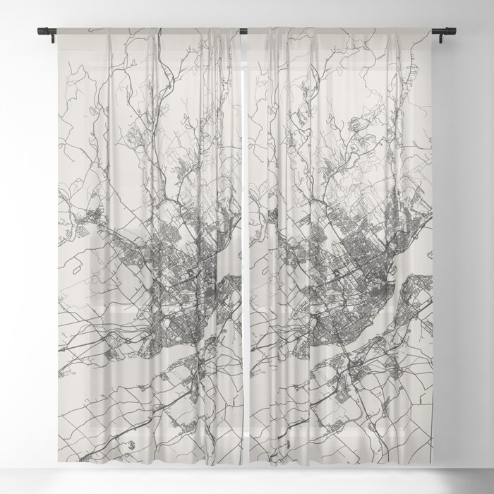 Quebec, Canada Map - Black and White Artistic  Sheer Curtain