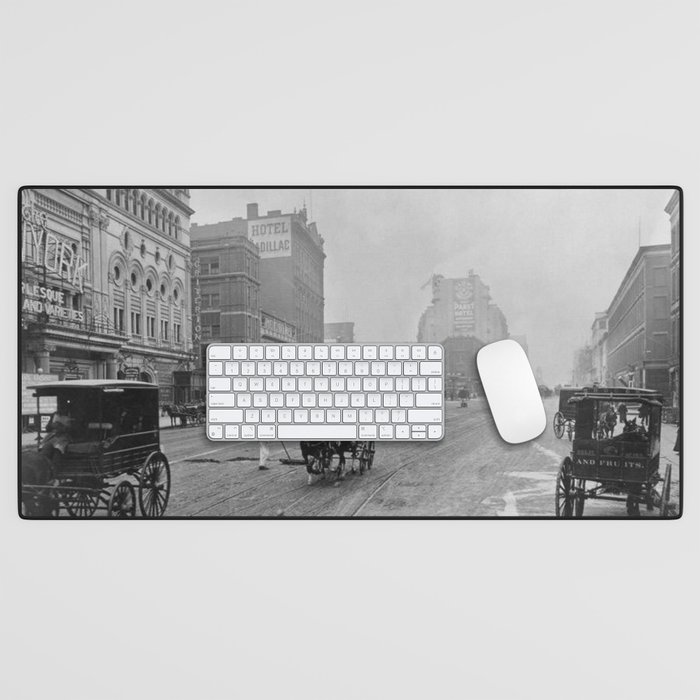1900 Times Square, NYC, Longacre Square, cityscape black and white photograph Desk Mat