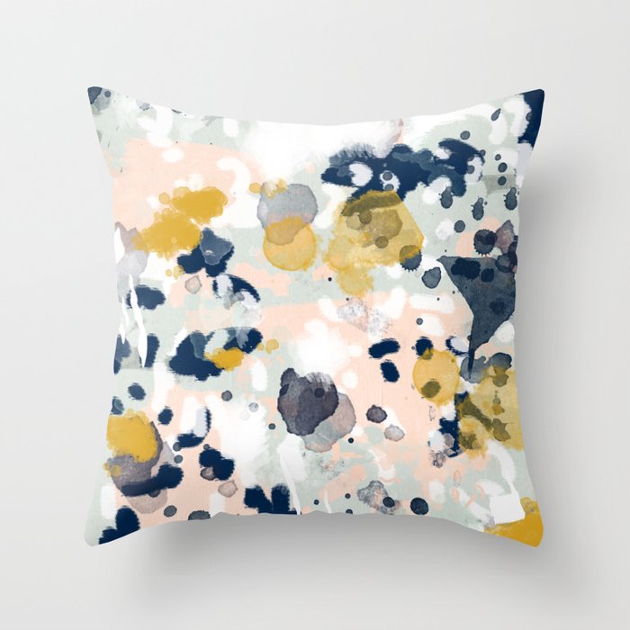 Noel - navy mint gold painted abstract brushstrokes minimal modern canvas art painting Throw Pillow