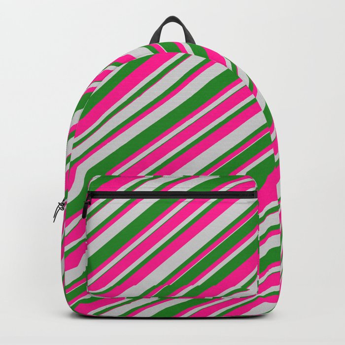 Deep Pink, Light Grey, and Forest Green Colored Lines Pattern Backpack