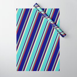 [ Thumbnail: Tan, Turquoise, Red & Blue Colored Lined Pattern Wrapping Paper ]