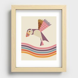 Retro puffin Over Rainbow Waves Recessed Framed Print
