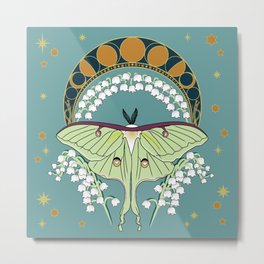Luna Moth Art Nouveau Metal Print | Lunamoth, Moth, Gold, Star, Lily, Lilyofthevalley, Moon, Artnouveau, Phasesofthemoon, Blue 