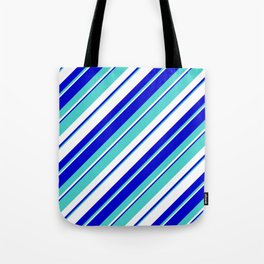 [ Thumbnail: Turquoise, White, and Blue Colored Striped/Lined Pattern Tote Bag ]