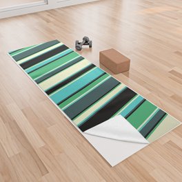 [ Thumbnail: Colorful Dark Slate Gray, Turquoise, Light Yellow, Sea Green, and Black Colored Lined Pattern Yoga Towel ]