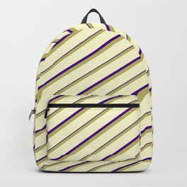 [ Thumbnail: Dark Khaki, Light Yellow & Indigo Colored Lined/Striped Pattern Backpack ]