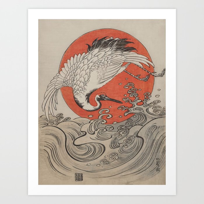 Crane, Waves and Rising Sun Woodblock Isoda Koryusai Art Print