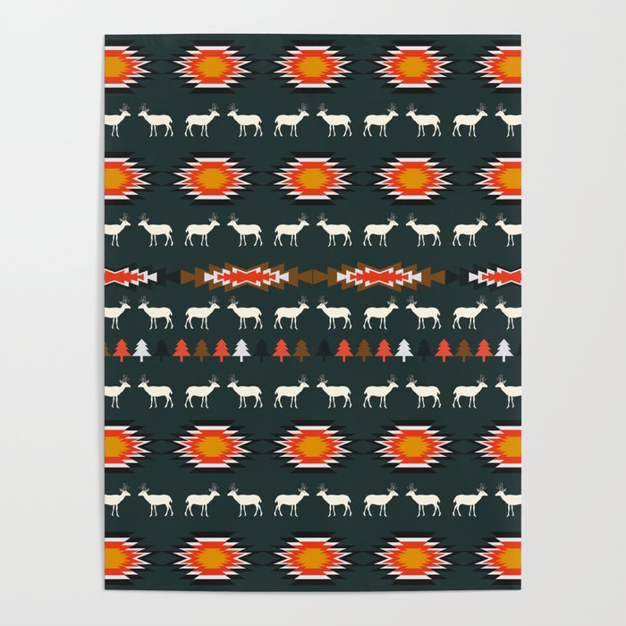 Ethnic deer pattern with Christmas trees Poster