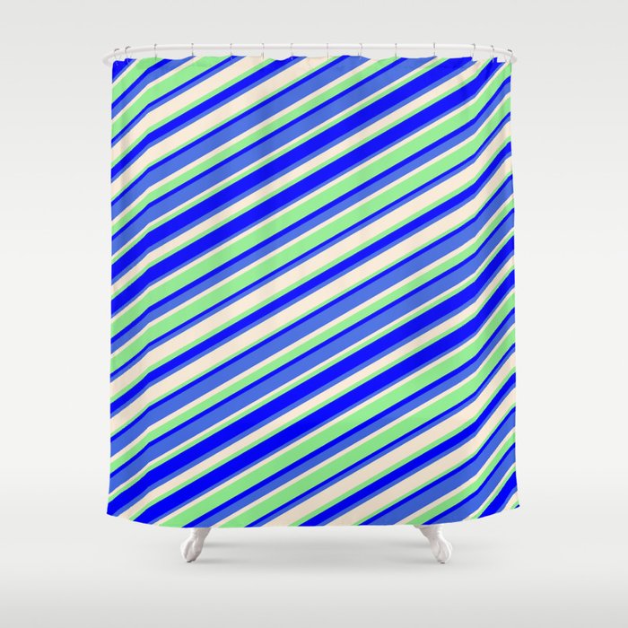 Light Green, Blue, Royal Blue & Beige Colored Striped/Lined Pattern Shower Curtain