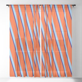 [ Thumbnail: Red, Light Sky Blue, and Blue Colored Striped Pattern Sheer Curtain ]
