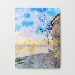 Brown Wooden Windmill on Brown Sand Near Body of Water during Sunset Metal Print