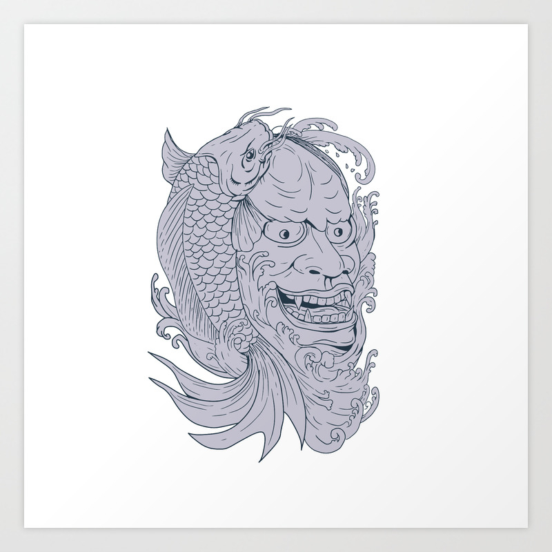 Hannya Mask And Koi Fish Drawing Art Print By Patrimonio Society6