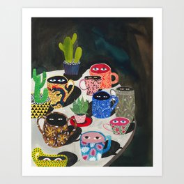 Suspicious mugs Kunstdrucke | Curated, Pattern, Mug, Painting, Vintage, Funny, Illustration 