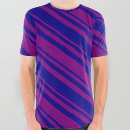 [ Thumbnail: Purple & Dark Blue Colored Pattern of Stripes All Over Graphic Tee ]