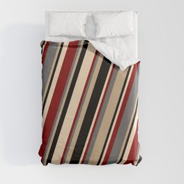 [ Thumbnail: Dim Grey, Tan, Black, Bisque & Maroon Colored Pattern of Stripes Duvet Cover ]