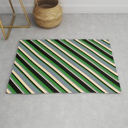 [ Thumbnail: Light Slate Gray, Beige, Black, and Forest Green Colored Lined Pattern Rug ]
