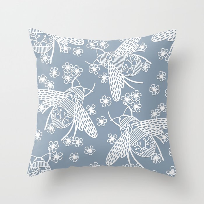 Papercut Honey Bees on Blue Throw Pillow