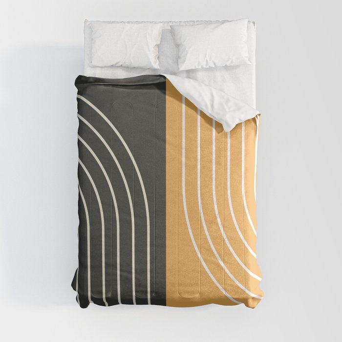 Abstract Geometric Rainbow Lines 20 in Black and Gold Comforter