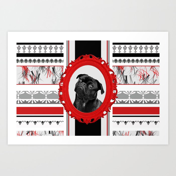 Black pug red Frame black and white pattern stripes Art Print