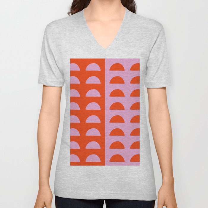 Mid Century Woodblocks in Red and Pink V Neck T Shirt