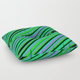 [ Thumbnail: Green, Medium Slate Blue, Lime & Black Colored Stripes/Lines Pattern Floor Pillow ]