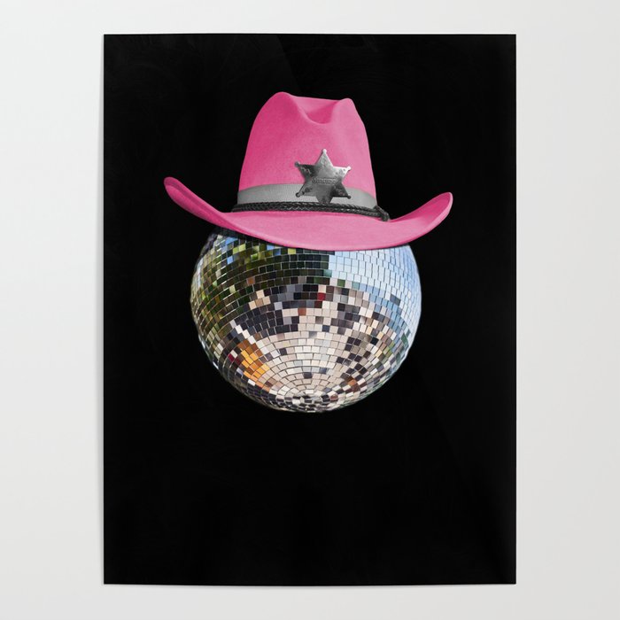 Disco Ball Wearing Pink Cowboy Hat Club Retro Poster