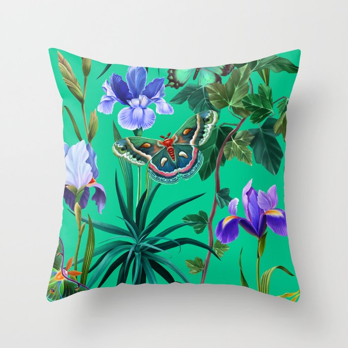 Emerald Garden with irises and butterflies Throw Pillow