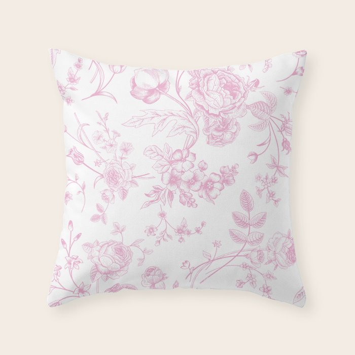 Toile de Jouy Pink Vintage French Floral Throw Pillow by