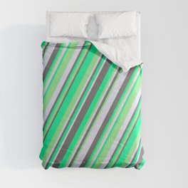 [ Thumbnail: Green, Light Green, Lavender, and Dim Gray Colored Stripes/Lines Pattern Comforter ]
