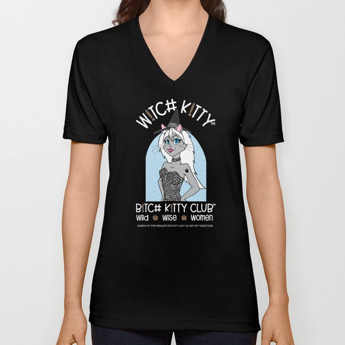 B K!TTY CLUB™ W!TCH KITTY Girl Blue Leopard White Text Tee V Neck T Shirt