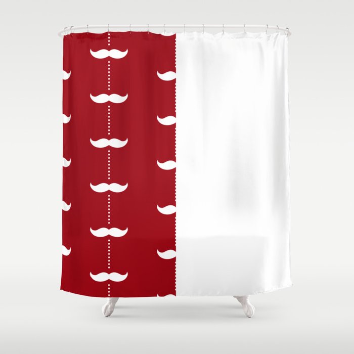 White Mustache on Red and White Vertical Split Shower Curtain