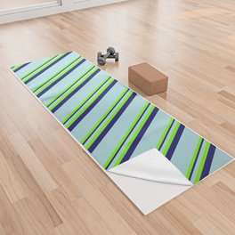 [ Thumbnail: Green, Powder Blue, and Midnight Blue Colored Pattern of Stripes Yoga Towel ]