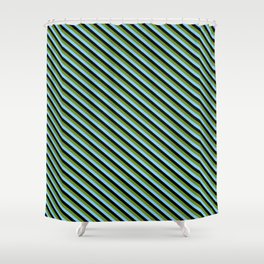 [ Thumbnail: Green, Light Sky Blue, and Black Colored Pattern of Stripes Shower Curtain ]