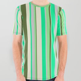 [ Thumbnail: Vibrant Green, Light Grey, Light Green, Dark Olive Green, and Beige Colored Stripes/Lines Pattern All Over Graphic Tee ]