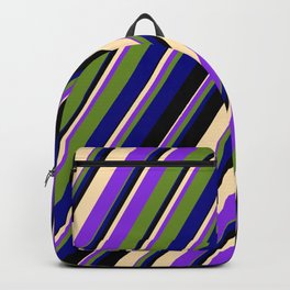 [ Thumbnail: Colorful Black, Beige, Purple, Green, and Blue Colored Pattern of Stripes Backpack ]