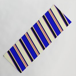 [ Thumbnail: Light Yellow, Dark Salmon, Blue, and Black Colored Striped/Lined Pattern Yoga Mat ]