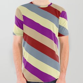 [ Thumbnail: Vibrant Pale Goldenrod, Purple, Tan, Dark Red & Light Slate Gray Colored Striped Pattern All Over Graphic Tee ]
