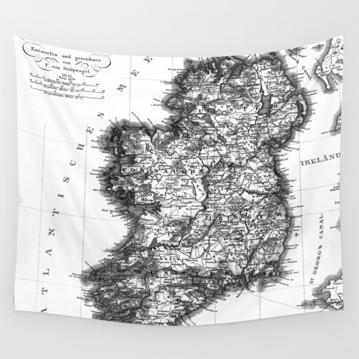 Vintage Black and White Ireland MAp Wall Tapestry