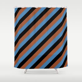 [ Thumbnail: Sienna, Blue, and Black Colored Striped Pattern Shower Curtain ]